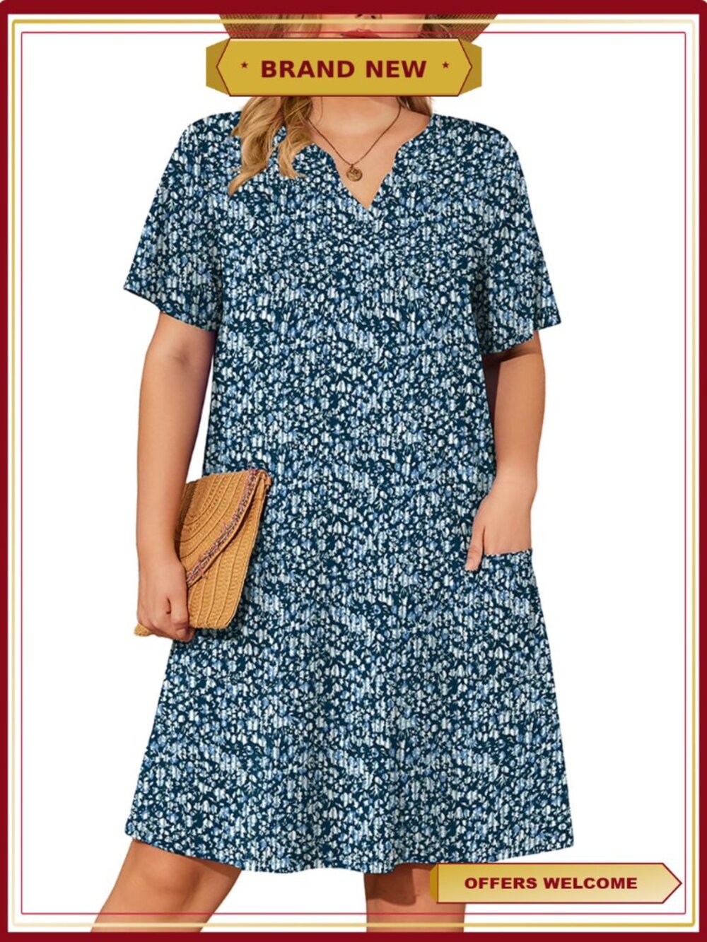 Women's Plus Casual Sundress V Neck Short Sleeve with Pockets